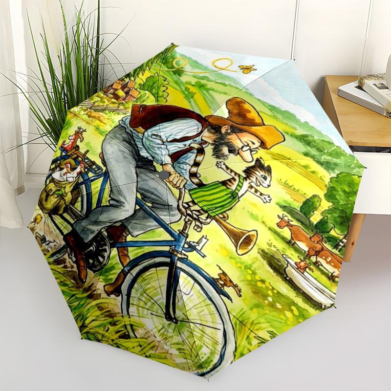 Pettson and Findus Print Folding Umbrella, Auto Open/Close, UV Protection, Windproof, Compact Travel Umbrella