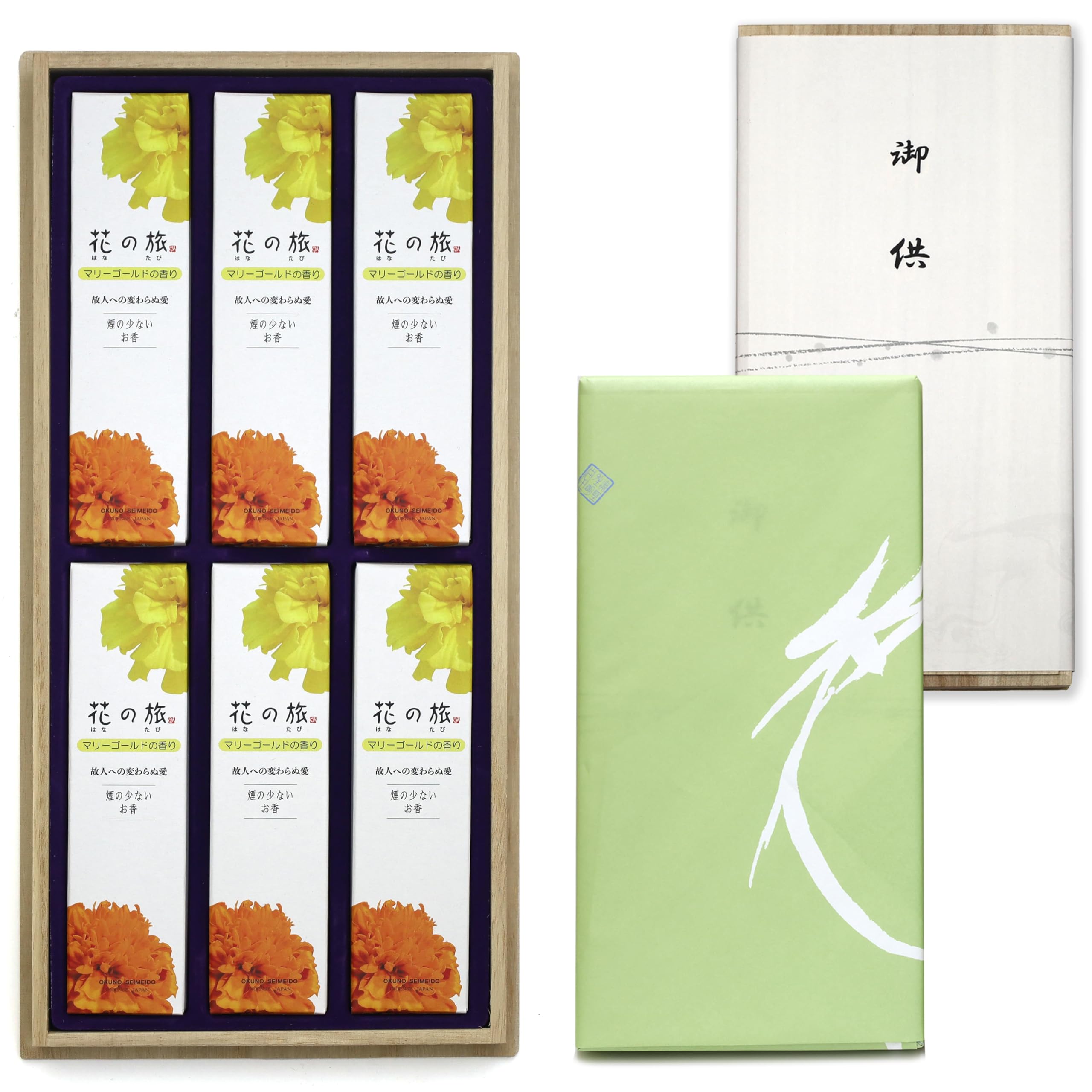 

Perfect for sending condolences anytime. Incense sticks in a paulownia wood box with marigold and sandalwood accents. Made in Japan. Low smoke.