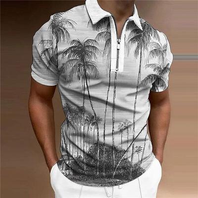Herrenhemd Polo Casual Reißverschluss Kurzarm Mode Lässig Reißverschluss Sommer Frühling Normale Passform 3D Grau Kokosnussbaum Druck Hemd