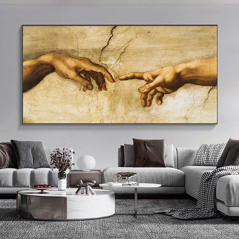 Famous Art Hand To Hand The Creation of Adam By Michelangelo Canvas Paintings Wall Pictures Posters and Prints for Living Room
