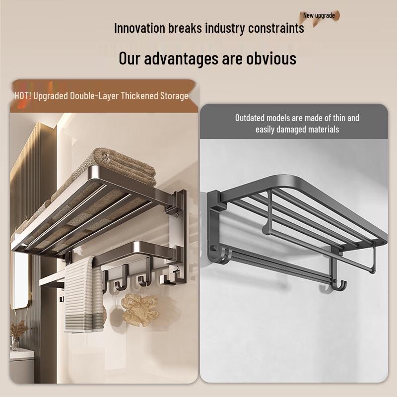 No-Drill Foldable Bathroom Towel Rack with Hooks and Storage Shelf