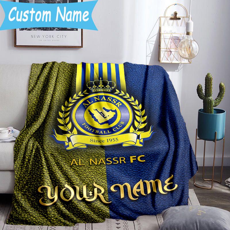 Custom Name Al Nassr Football Club Crest Flannel Blanket, Use for Birthday/Holiday Gift, Soft Blanket for Sofa/Bed/Camping/Office, Home Decor