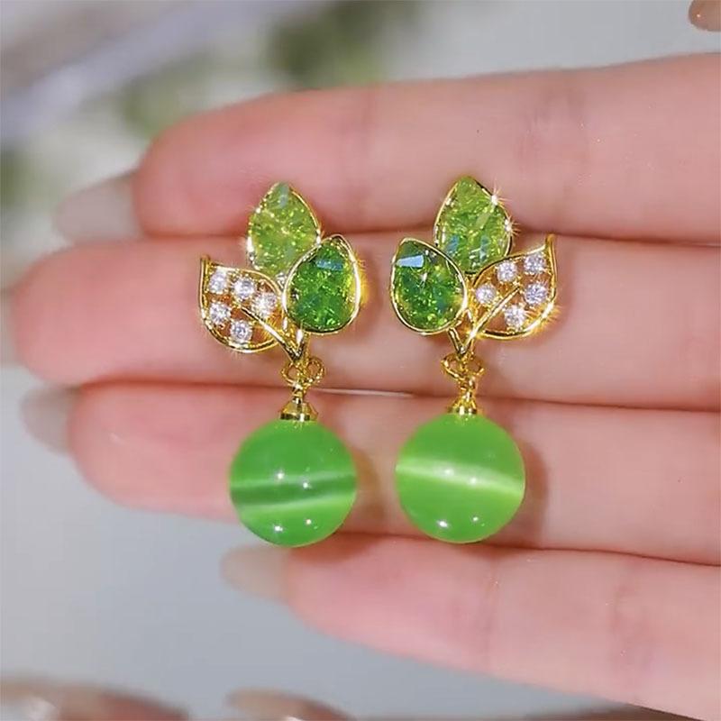 Silver Needle Diamond Glass Hollow Leaf Earrings Low-key Light Luxury High-end Earrings Fashion Retro Temperament Earrings Women