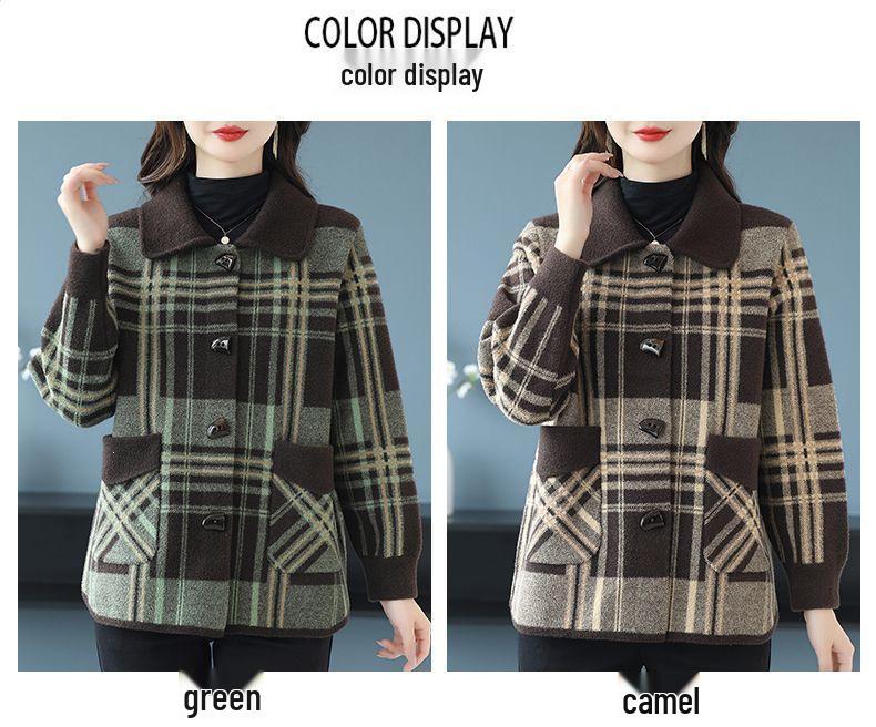 Mother's Spring/Fall Plaid Square-Neck Cardigan: 2025 New Wool Coat for Middle-Aged and Elderly Women
