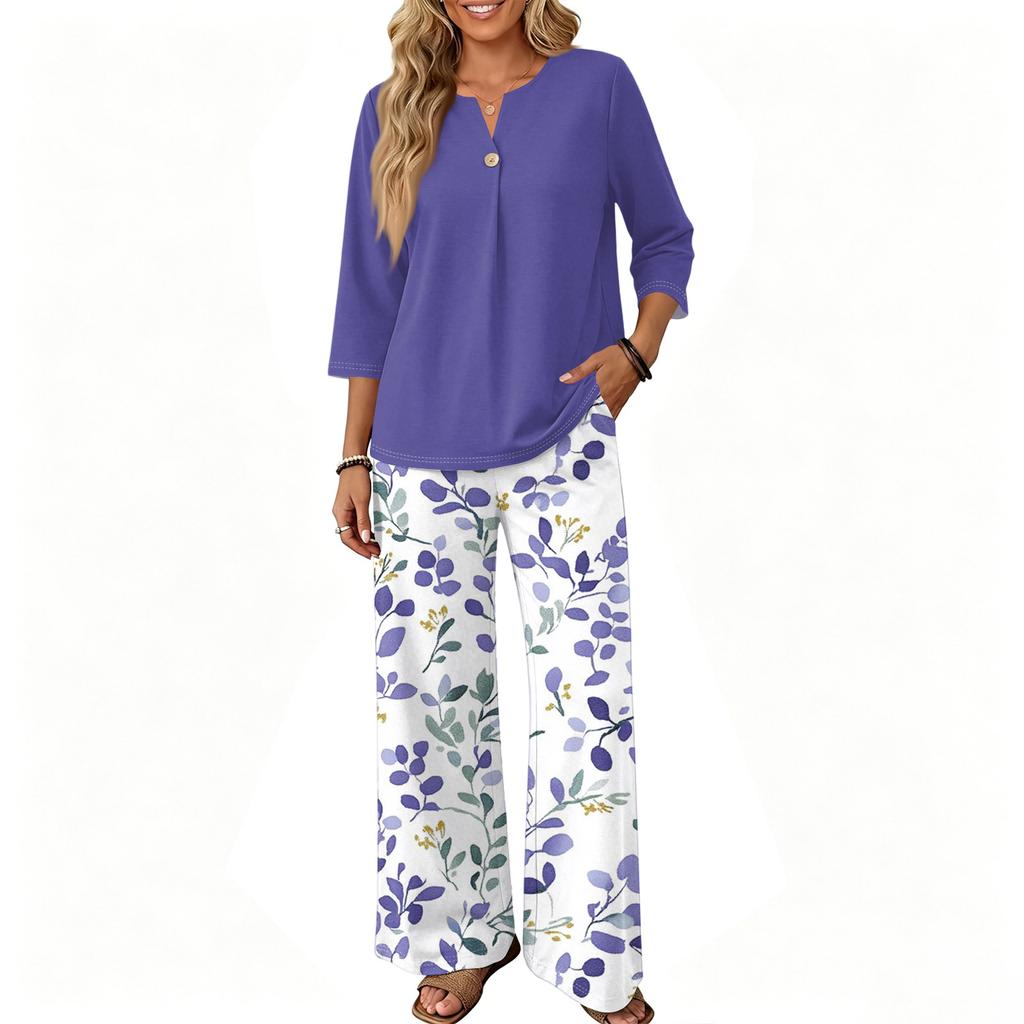 Women's Casual Printed 3/4 Sleeve Button Front Top and Wide Leg Pants 2 Piece Set