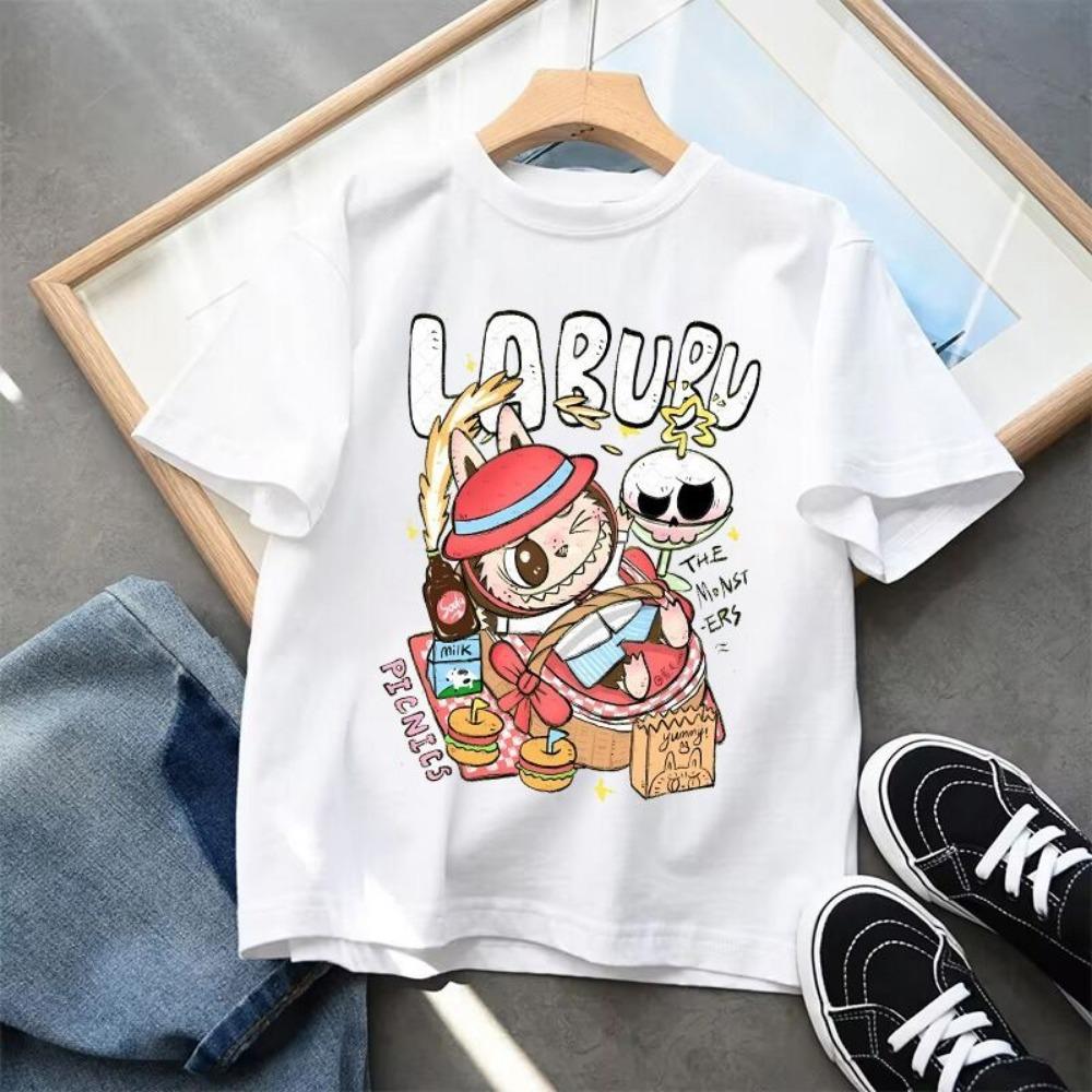 Labubu Cartoon Children's Short Sleeved T-shirt Casual Top Unisex Summer Round Neck Printed Girls' Clothing