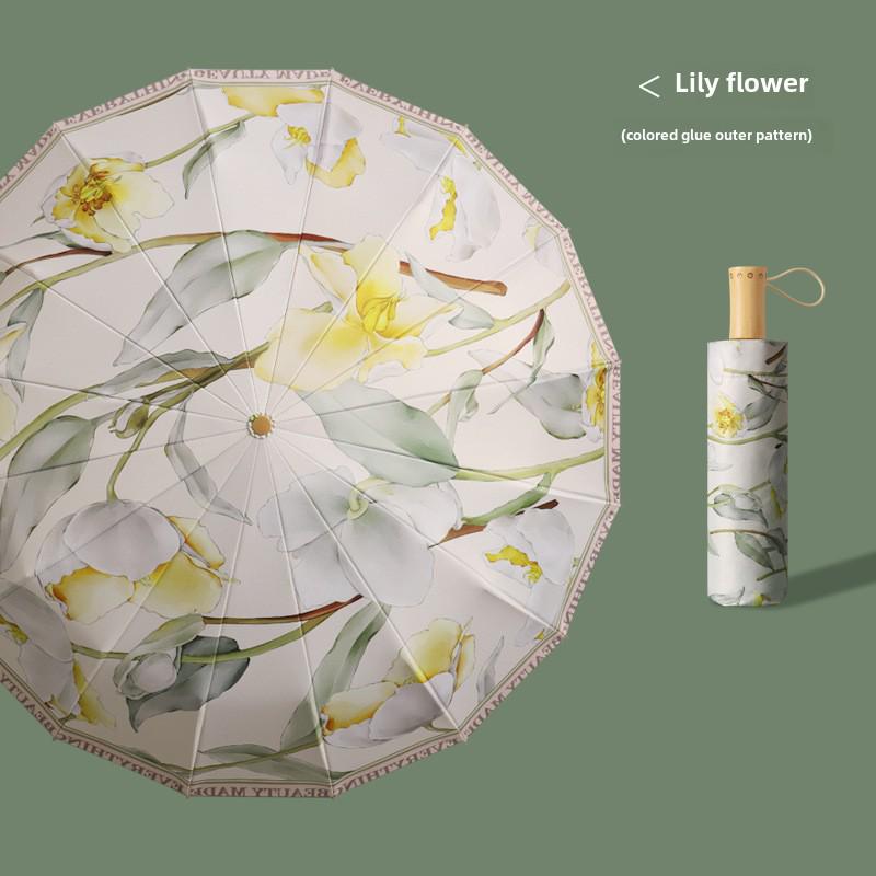 Paraply i antikk stil med 16 ribber, manuell åpning og håndtak i massivt tre, svart lim for UV-beskyttelse