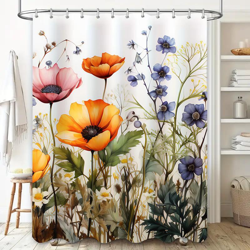 Floral Shower Curtain With Poppy Flower Print For Bathroom Decor Waterproof Fabric Multiple Sizes Available