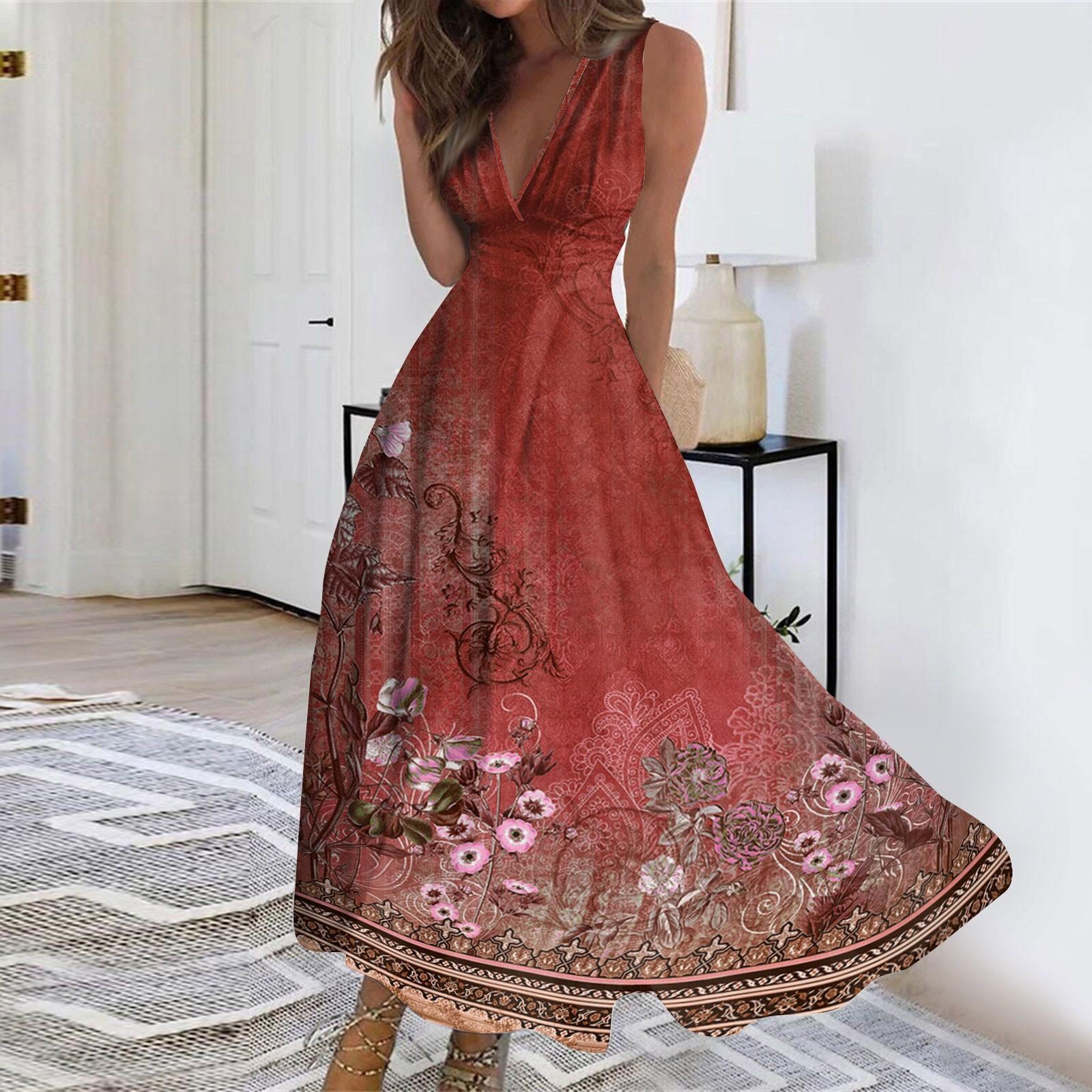 

Женские летние модные повседневные платья без рукавов с цветочным принтом и V-образным вырезом L красный