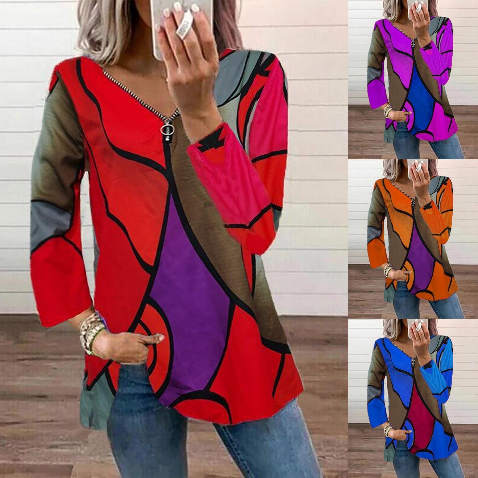 

Women s Color Blocking V-neck Zipper Casual Loose Long-Sleeved Tops