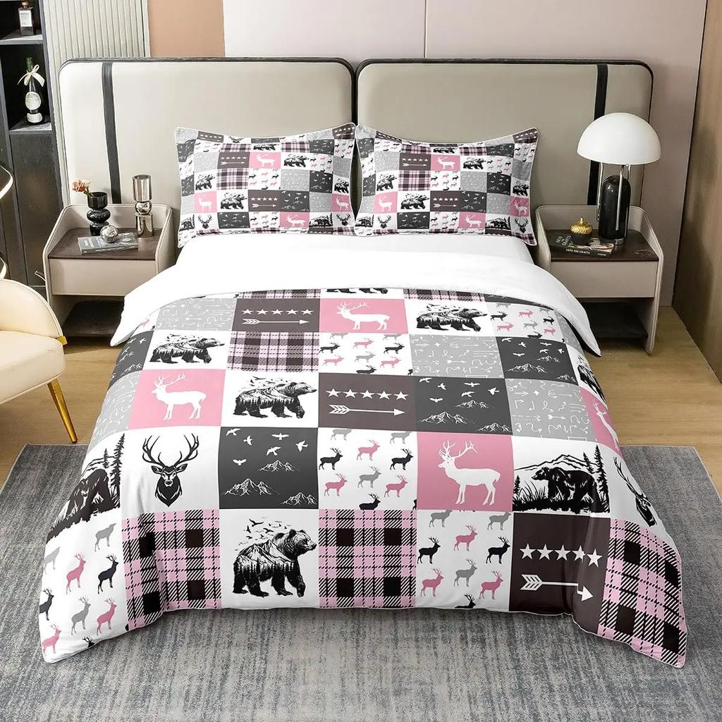 Black Bear Deer Bedding Set Woodland Animals Elk Moose Wildlife Hunting Country Lodge Cabin Duvet Cover Set Queen Comfortable