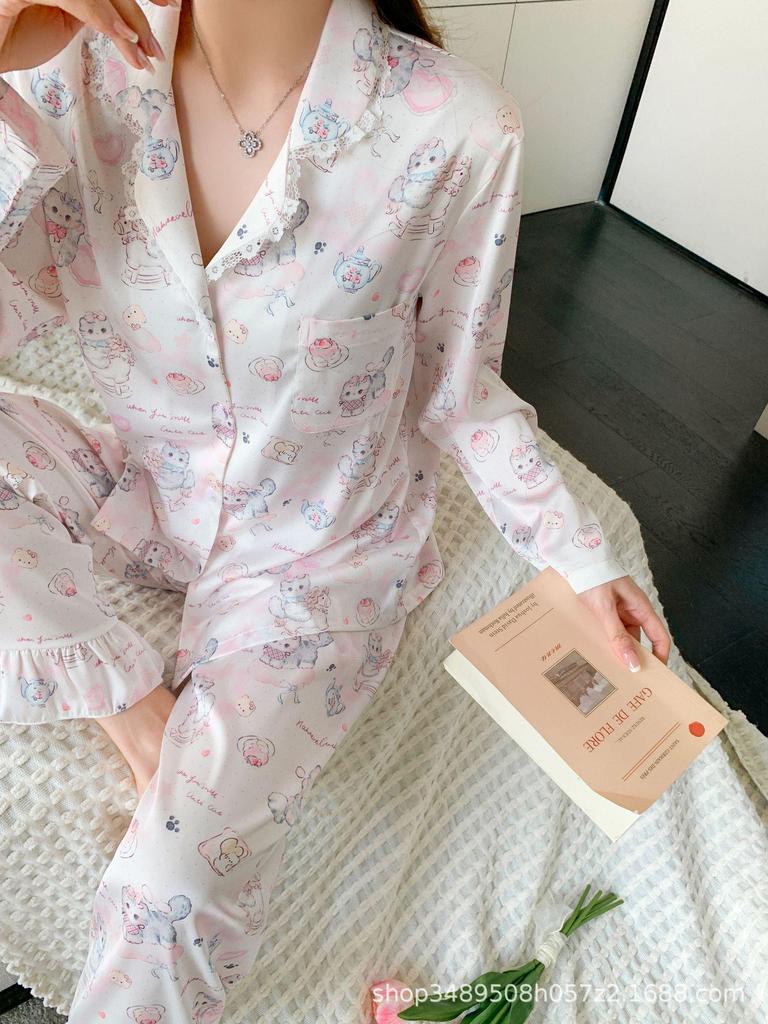 Women's Luxury Cartoon Cat Ice Silk Pajama Set - Spring/Autumn Lightweight Plus Size Homewear