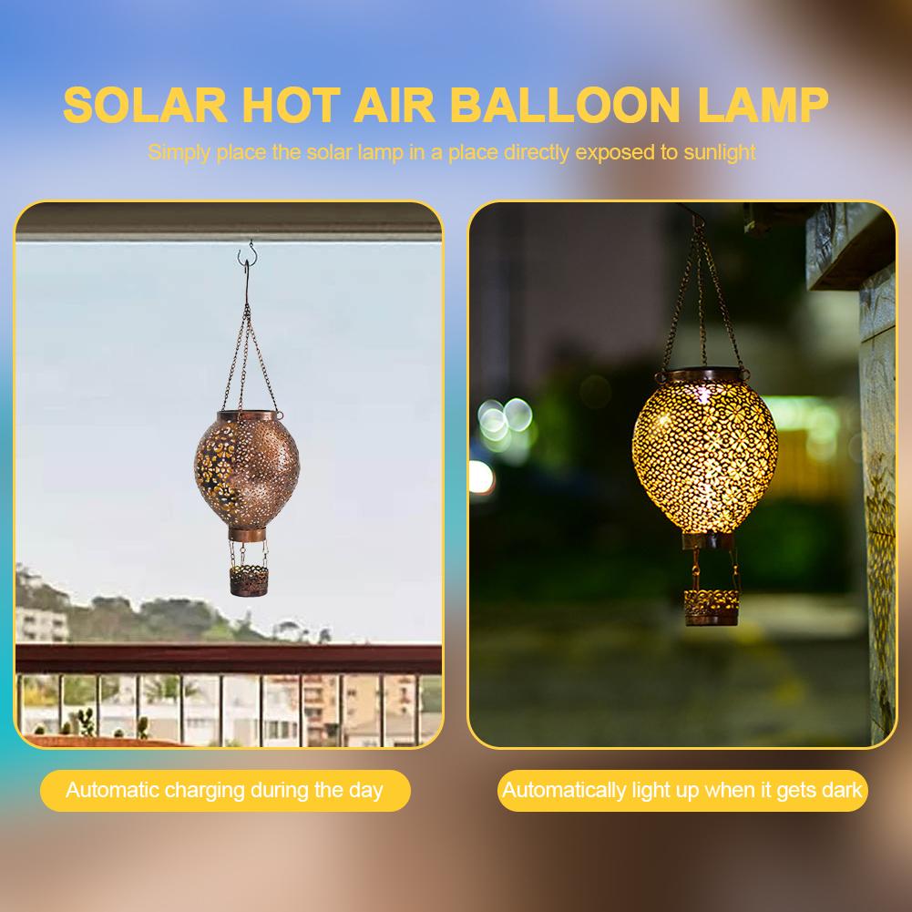 Solar Powered Hot Air Balloon Lantern 600mAh Metal Glowing Hollow Lantern Retro Hot Air Balloon Light for Birthday Holiday Party
