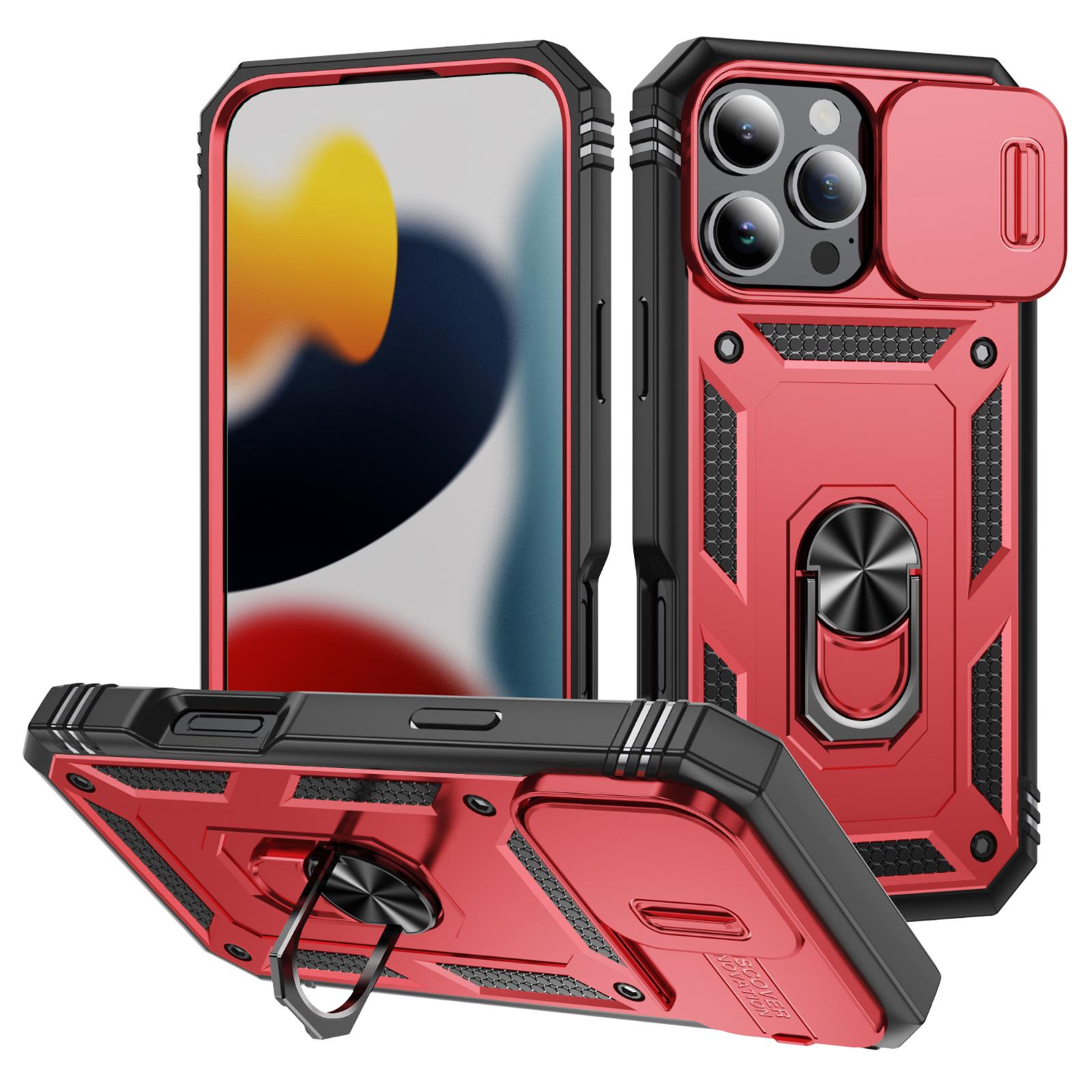 

For iPhone 16 Pro Max Case Sliding Camera Cover Ring Kickstand PC+TPU Phone Shell Red+Black