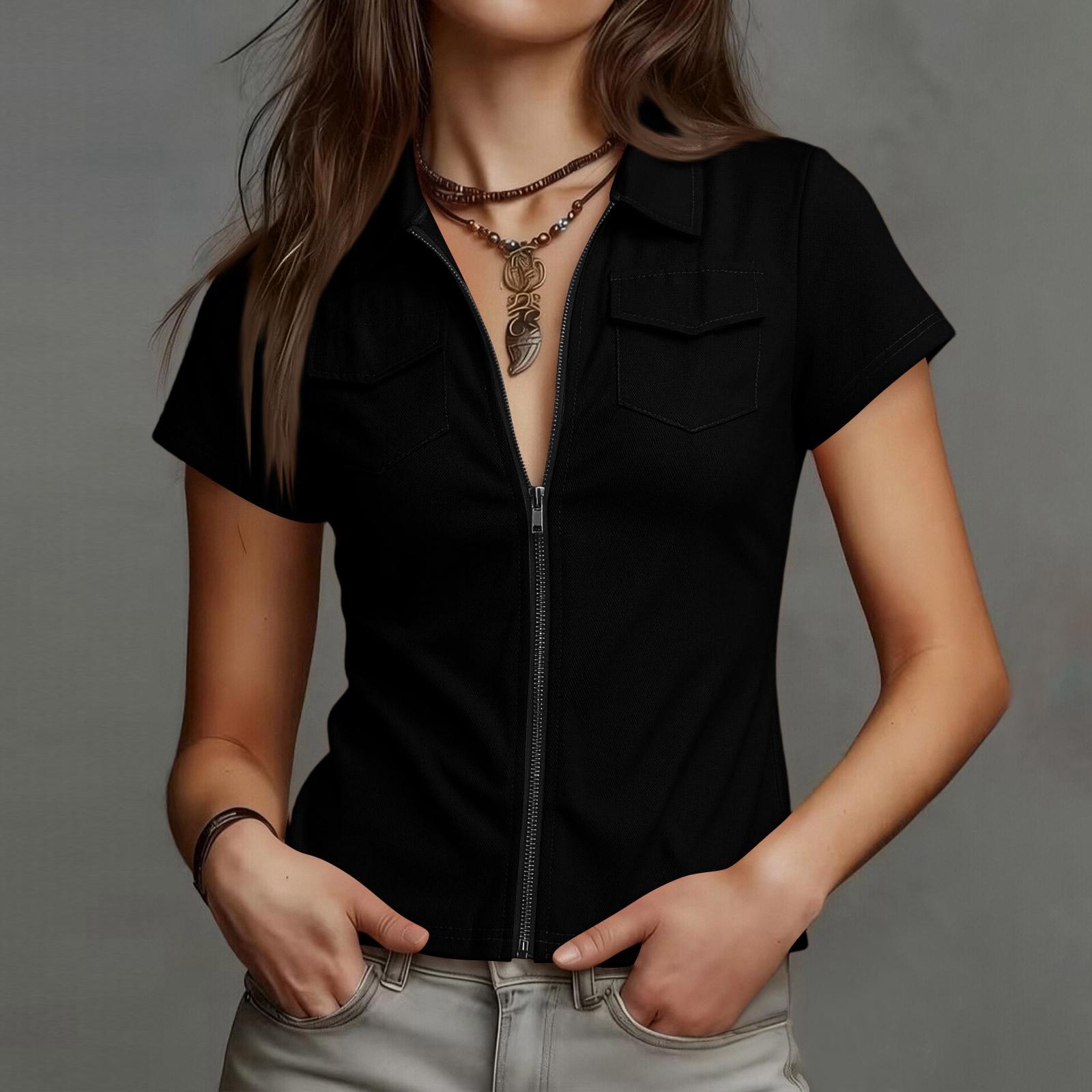 

Women’s Short Sleeve Collared Zip Up Top with Front Pockets Casual Buttonless Shirt Jacket for Everyday Wear XL