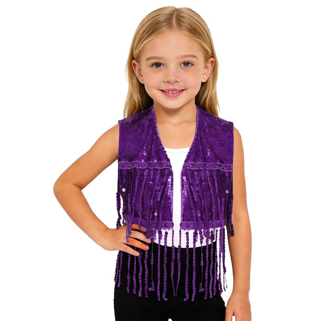 Sparkly Sequin Fringe Vest for Girls: Sleeveless Open Front Crop Top Waistcoat with Tassels, Perfect for Dance Recital & Show