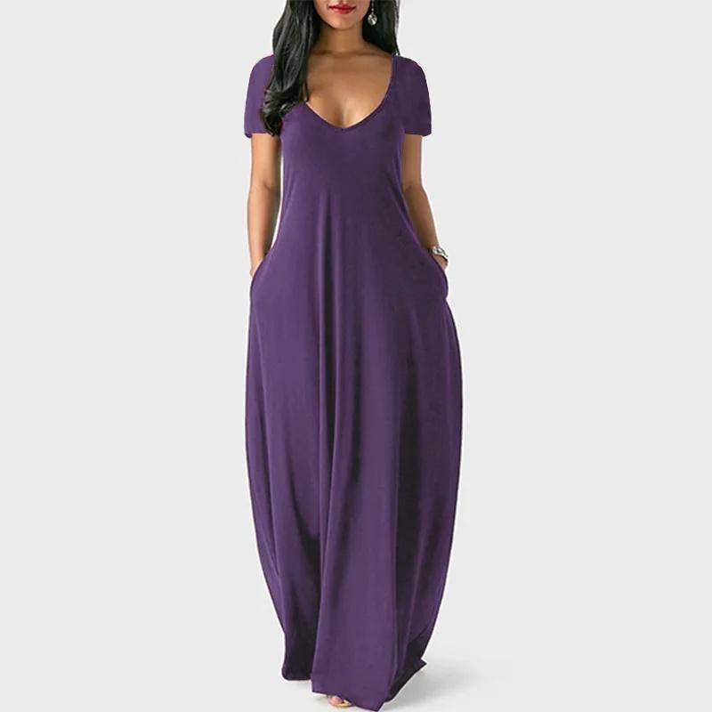 Sommer Sexy Reine Farbe V-Ausschnitt Kurzarm Langes Kleid Damen Übergröße Kleidung Grenzüberschreitende Mode Elegantes Maxikleid