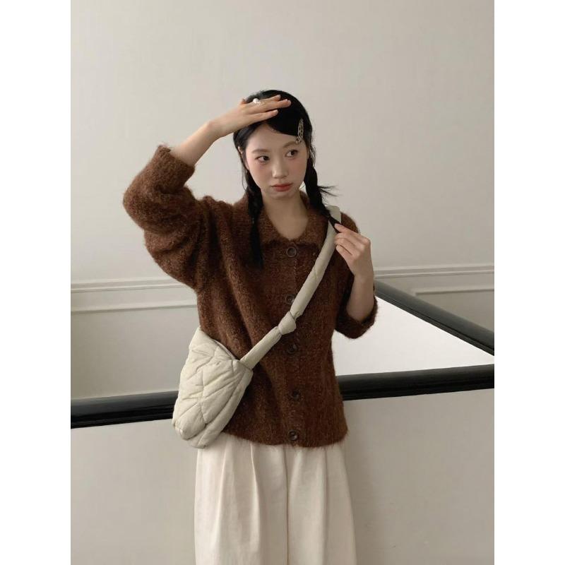 

Осень и зима новый ретро твист лацкан вязаный кардиган свободный и тонкий мягкий восковой свитер куртка женская One size