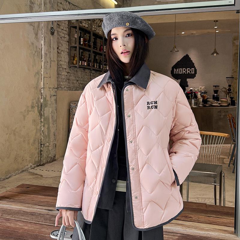 New short down cotton-padded clothes women's contrasting colors lapel diamond light and loose cotton-padded jacket