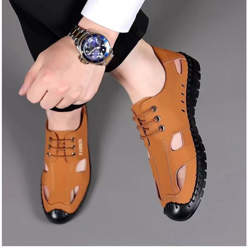 Summer sandals men's soft-soled soft-sided beach shoes casual breathable driving shoes non-slip leather-faced bag head shoes men