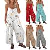 Summer Women Jumpsuit Adjustable Spaghetti Strap Backless Sleeveless Wide Leg Loose Floral Print Deep Crotch Side Pockets Pleated Vacation