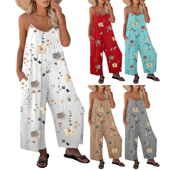Summer Women Jumpsuit Adjustable Spaghetti Strap Backless Sleeveless Wide Leg Loose Floral Print Deep Crotch Side Pockets Pleated Vacation