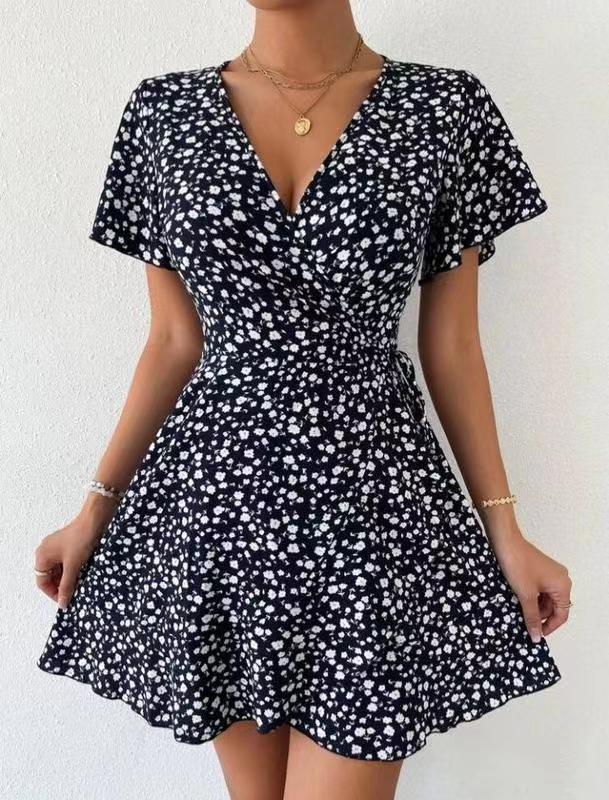 Damenkleid neu Europäisch und Amerikanisch beliebt Sexy Blumenspitze Schnürung Taille Kurzärmelig V-Ausschnitt