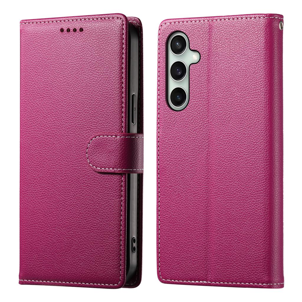 For Samsung Galaxy S25 FE Case Magnetic Snap Litchi Texture Leather Wallet Phone Cover with Wrist Strap