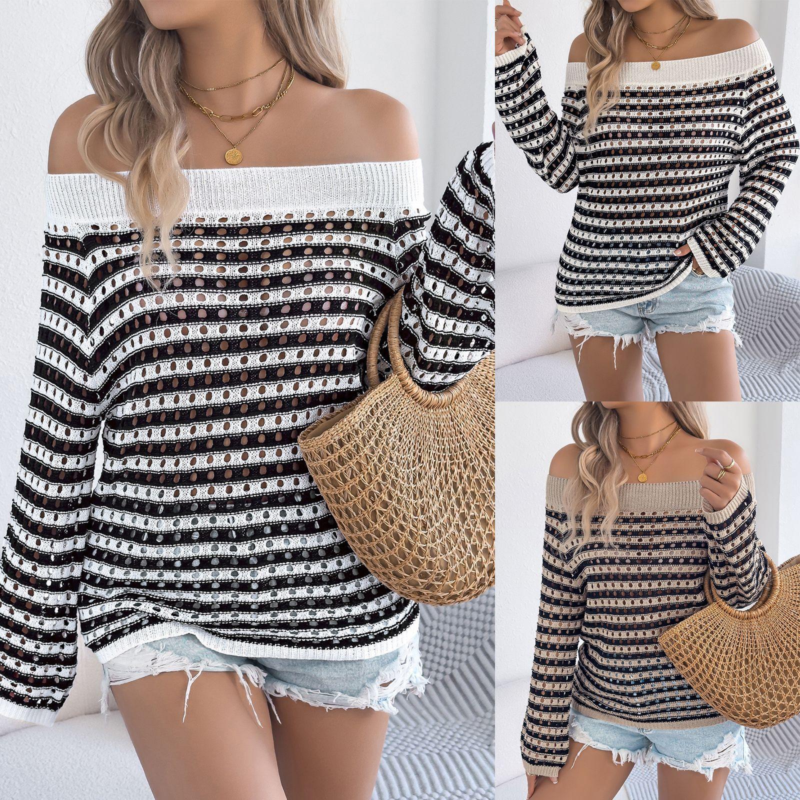 Women Striped Hollow Out Off Shoulder Long S абрикосовый
