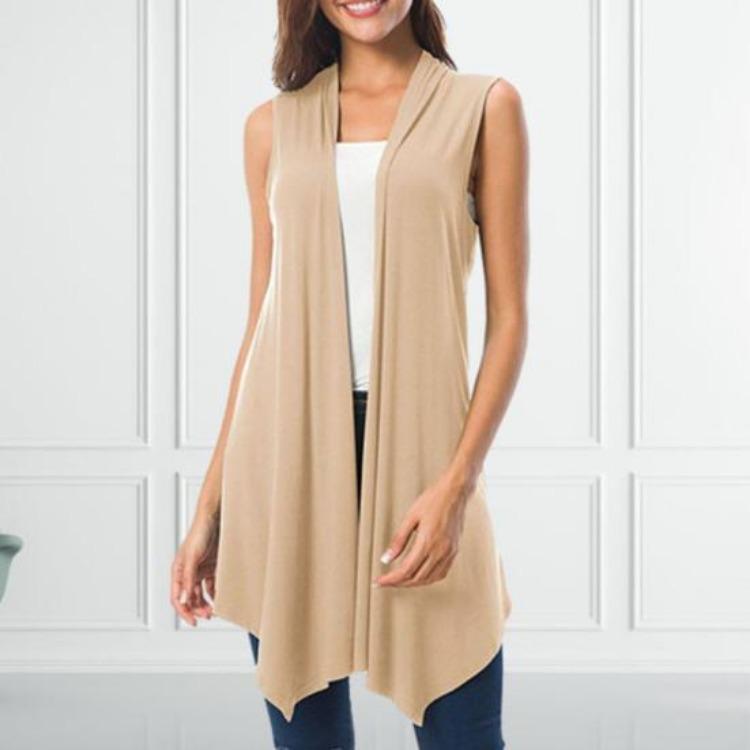 Sommer Damen Ärmellose Leichte Strickjacke Weste Einfarbig Offen Vorne Drapierter Mittellanger Asymmetrischer Saum Weste Mantel