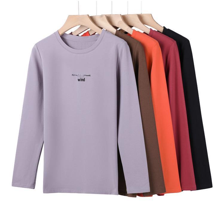 Damen Besticktes Rundhals Langarm T-Shirt, Herbst/Winter, Koreanischer Stil, Übergröße, 95% Baumwoll-Basisschicht