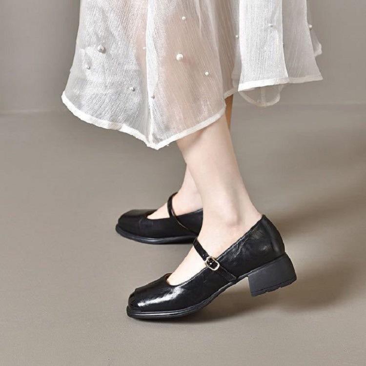 Middle Heel Shallow Mouth Single Shoes Women's 2025 New Spring and Autumn Square Head Thick Heel Small Leather Shoes Spring Soft Leather Mary Ja