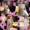 KSLAT Mini Hostess Korean Fashion Sexy, Tight, Knee-Length, Off-the-Shoulder Dress, Women's, Sequined, Dress, Party, Club, (1 Beige)