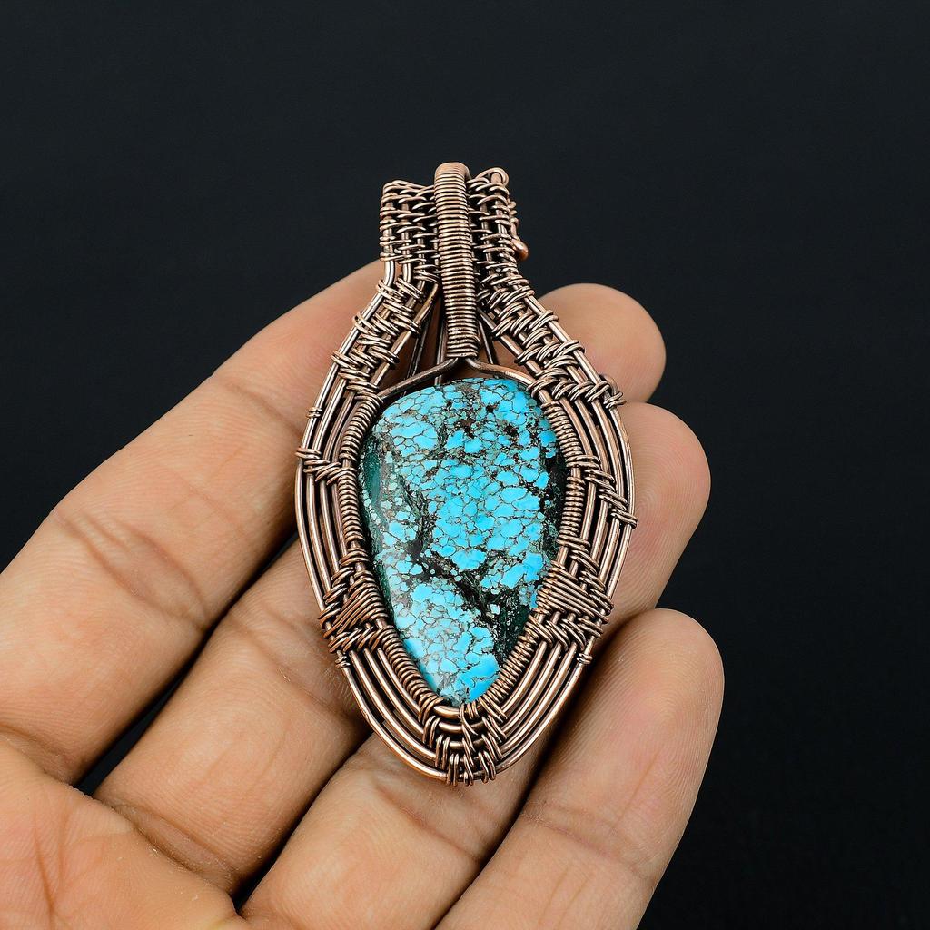 Tibetan Turquoise Pendant, 999 Copper Wire Wrapped Gemstone Jewelry, Handmade Pendant, For Thanksgiving