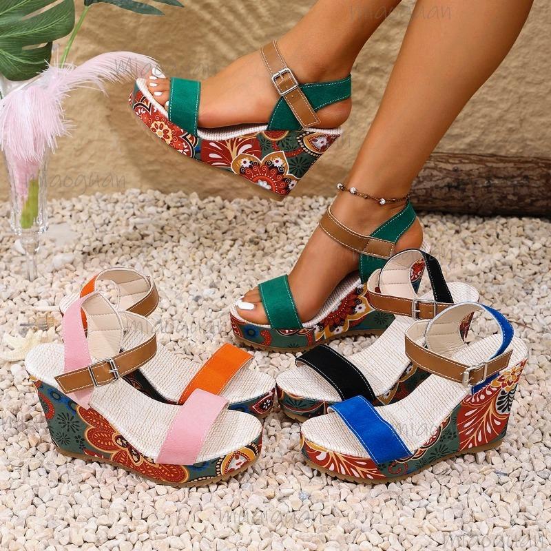 Fashion Women Wedges Sandals Print Random Platform Slippers 2025 New Summer Fashion Sandals Women Walking High Heels Shoes for Women