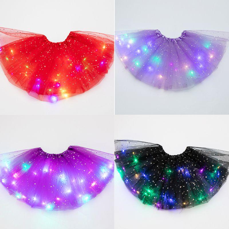 Kids Girls LED Light Up Glitter Star Sequins Ballet Dance Tulle Tutu ...