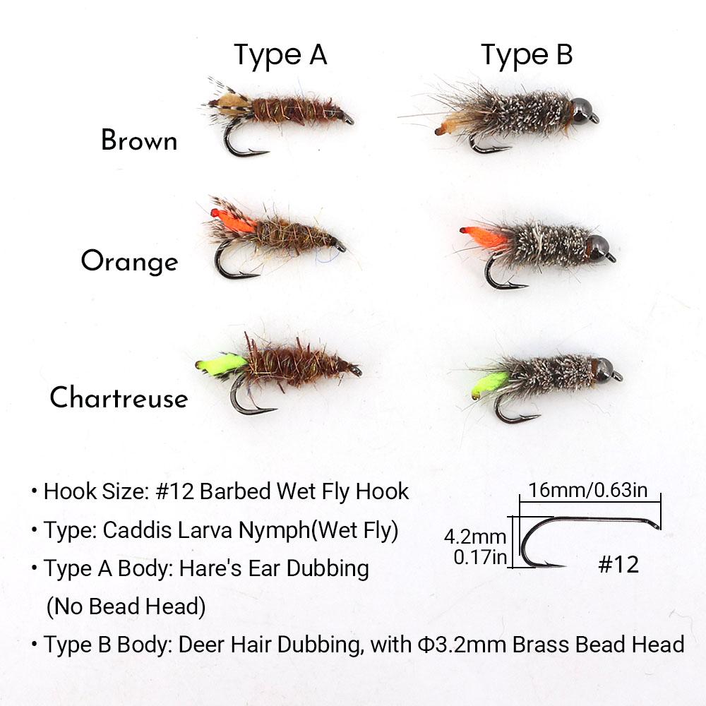 6 Stück #12 Widerhaken Hasenohr & Hirschhaar Dubbing Köcherfliegenlarve Nymphenfliegen mit 3,2mm Messingkopf Forelle Barsch Steelhead Angelköder