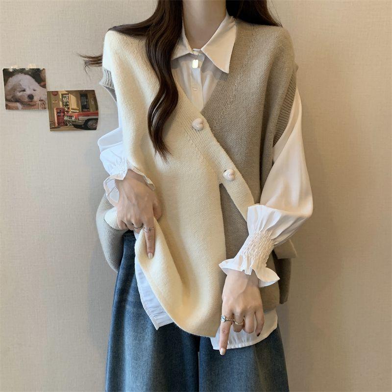 Vår og høst Kontrastfarge Strikket Genser Vest for Dame Design Uregelmessig Løs og Slank Ermeløs Strikket Vest Dame