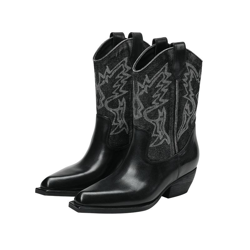 Cai Wenjing and Zhang Yuxi Have the Same Square-headed Thick-heeled Western Cowboy Boots for Women's 2025 Autumn New Thin Retro Short Boots