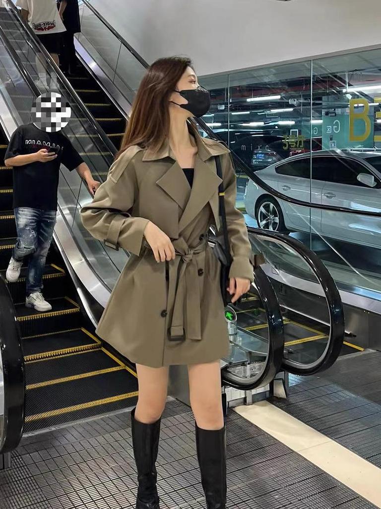 2025 Women's Mid-Length Trench Coat - Petite Fit, Korean & British Style for Autumn/Winter
