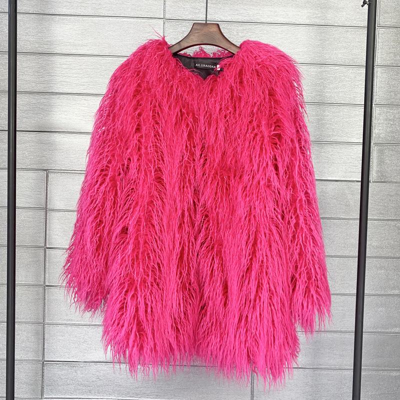 Korean Style Women's Tan Faux Lamb Wool Mid-Length Coat