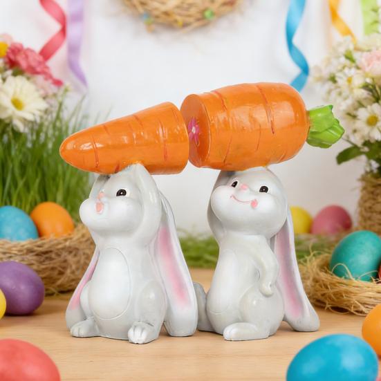 2Pcs Holding Carrot Rabbit Figurine Hand-Painted Carrying Radish Bunny Statue Resin Sculpture Easter Holiday Party Decoration Ornament