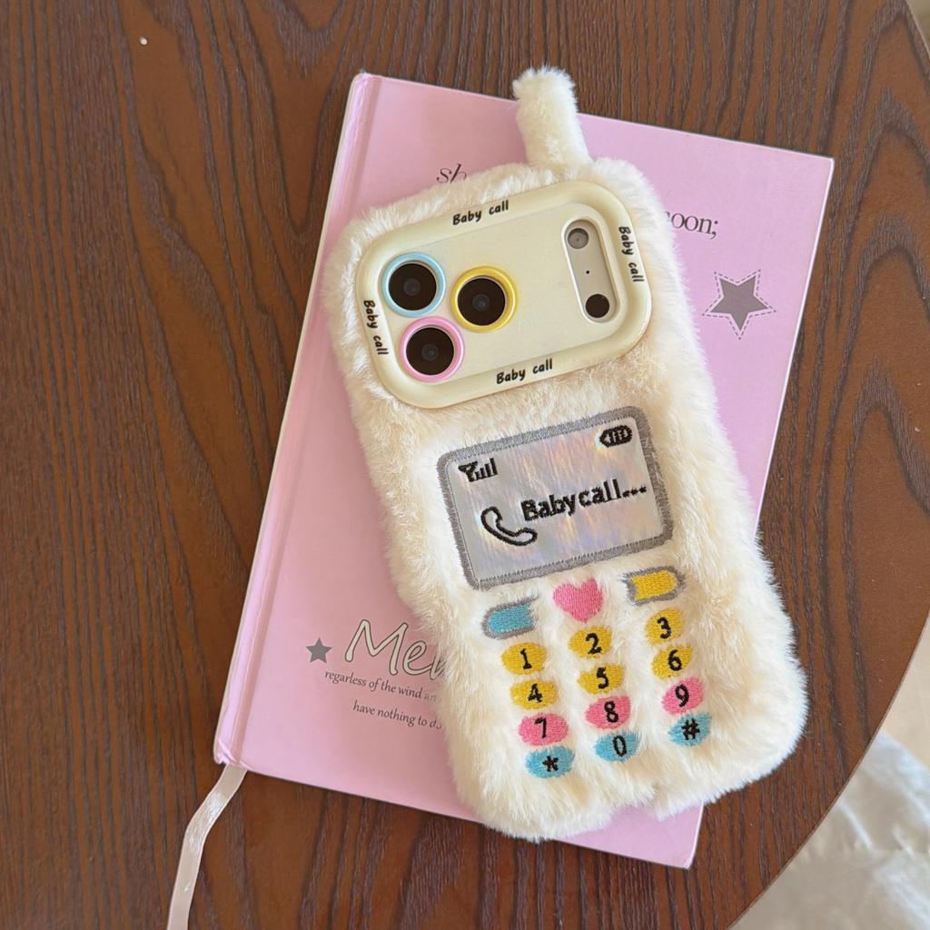 Cute Plush Phone Case for iPhone 11 12 13 14 15 16 17 Pro Max Plus Retro Game Console Design with Camera Stand Soft Fuzzy Cover