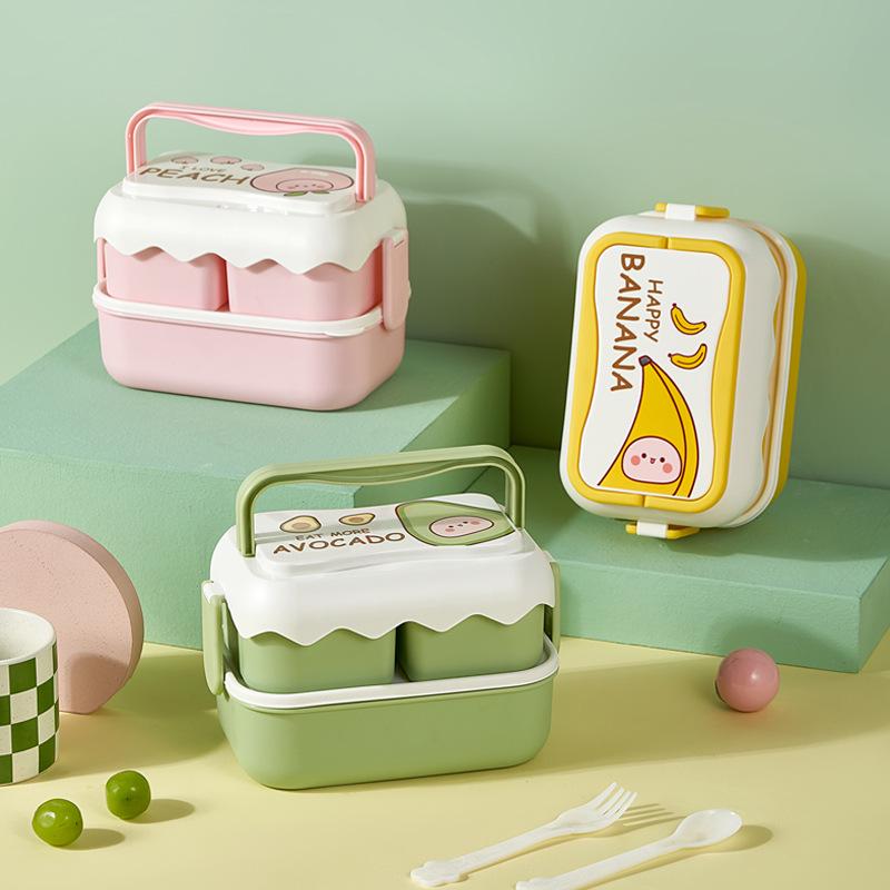 Microwaveable Cartoon Bento Box - Double-Layer Plastic, Compartmentalized for Student Lunches/Fruit