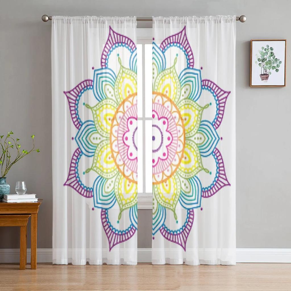 Light Filtering Mandala Pattern Curtains Living Room Modern Voile Curtain Bedroom Tulle Window Drapes Decor Bohemian Made Of Polyester Washable Ready