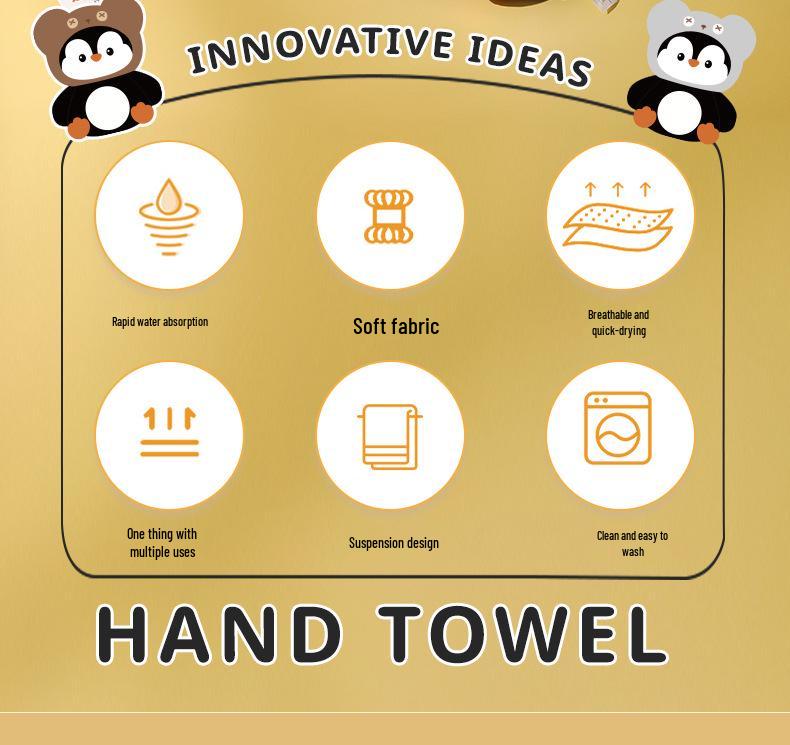 Penguin Coral Fleece Hand Towel - Extra Large & Thick, Hanging, Dual-Use, Water Absorbent, Quick-Drying, Non-Shedding