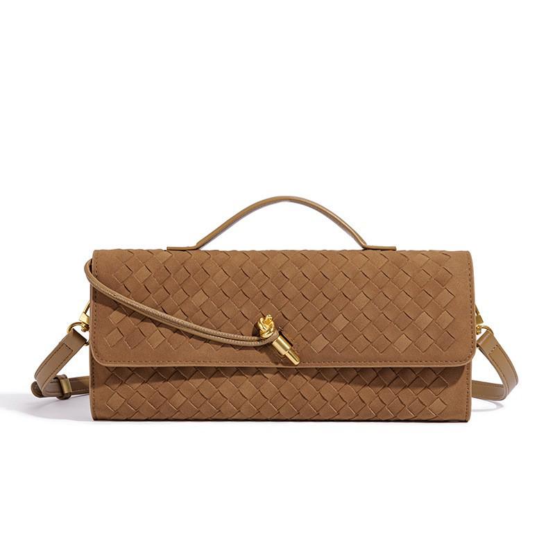 Handmade Woven Retro Soft Leather Accordion Baguette Bag - Solid Color Shoulder Handbag