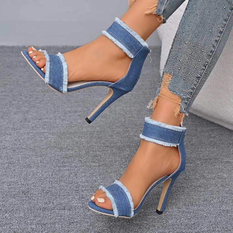 Fashion 2025Spring Summer  Sexy Sandals  Blue Denim Ankle Strap High Heels Shoes Sexy Female Peep Toe Sandals  Shoes for