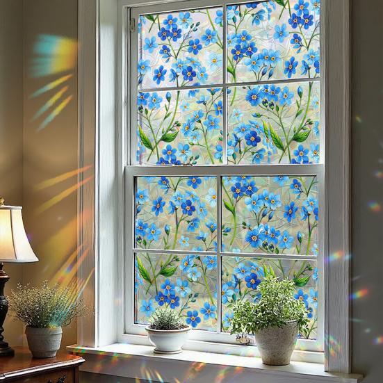 Flower Window Privacy Film, Decorative Static Cling Stickers, Waterproof Glass Cling, 39.4x17.7in Anti-Glare Static Glass Sticker for Home Bathroom