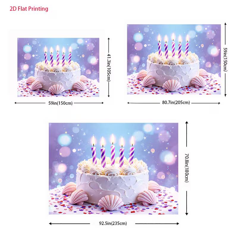 2D Sparkle Birthday Cake Backdrop Purple Blue Bokeh with Seashells for Kids Birthday Party Photo Booth